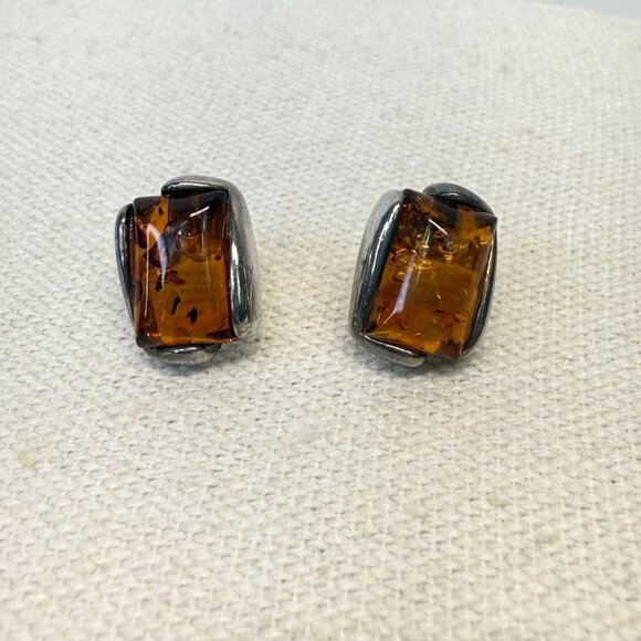 Sterling Silver Honey Baltic Amber Rectangular‎ Stud Earrings Marked - Picture 1 of 16